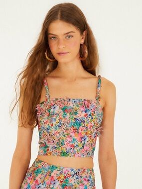 Farm Rio Floral Square-Neck Cropped Tank Top - Pink Multi